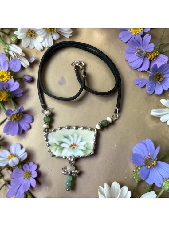 Hand Crafted Jewelry - Broken China Daisies Pendant Jade Dragonfly Moonstone & Green Aventurine Leather